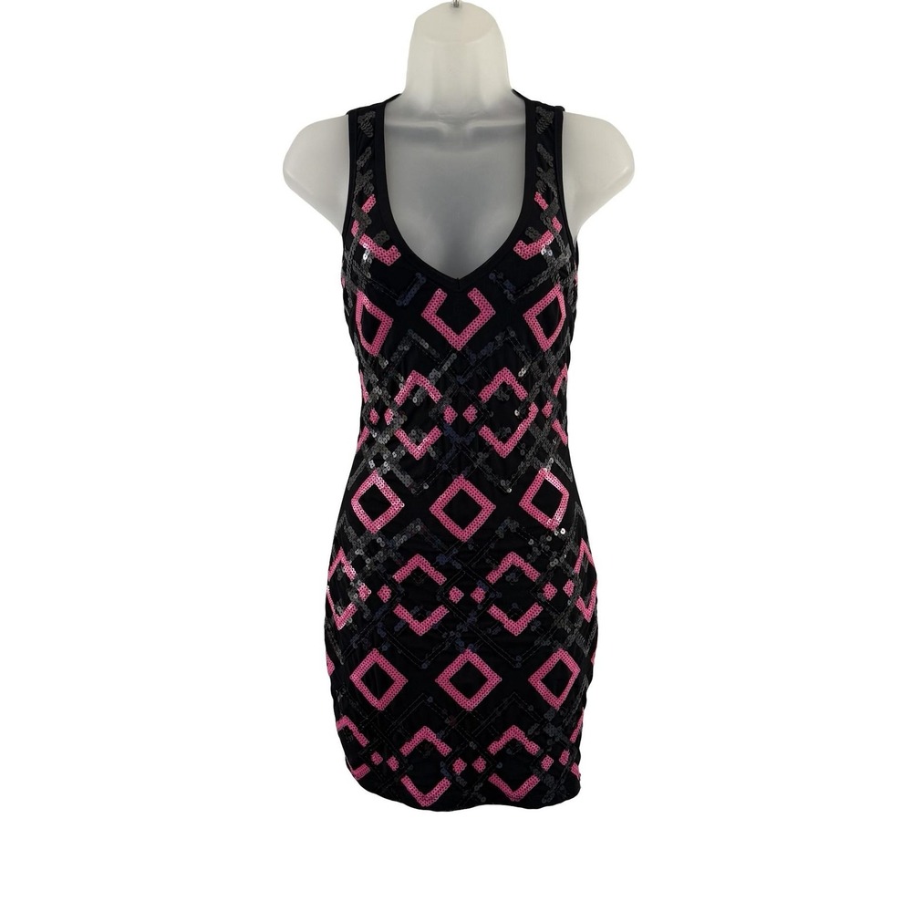 Bebe Dress Womens XS Black Sequin Bodycon Scoop Neck Mesh Cutout Mini Party Y2K